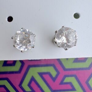 Silver Diamond Stud Earrings Round Cubic Zirconia Classic Timeless